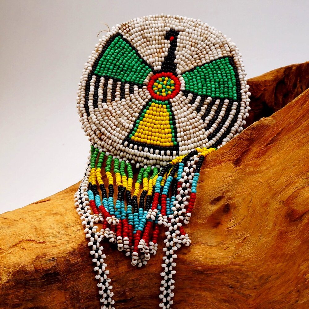 Vintage GenuinGemstone Leather Native American Thunderbird Seedbead Necklace